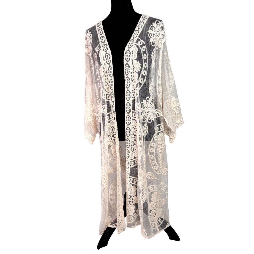Vintage-Inspired Sheer White Floral Embroidered Kimono Cardigan XXL-XXXL